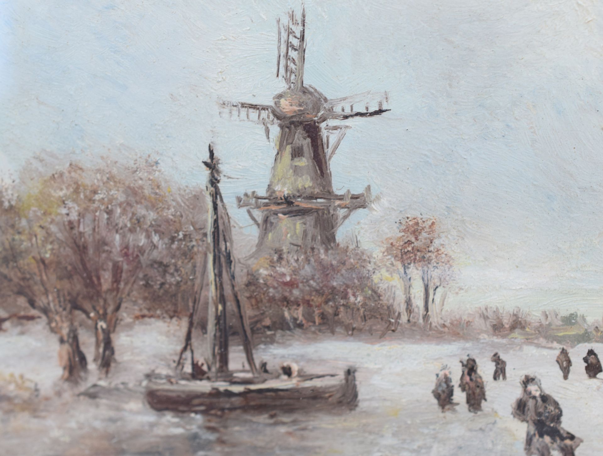 Vintage Dutch Oil Painting Of Skaters On Frozen Lake - Image 6 of 6