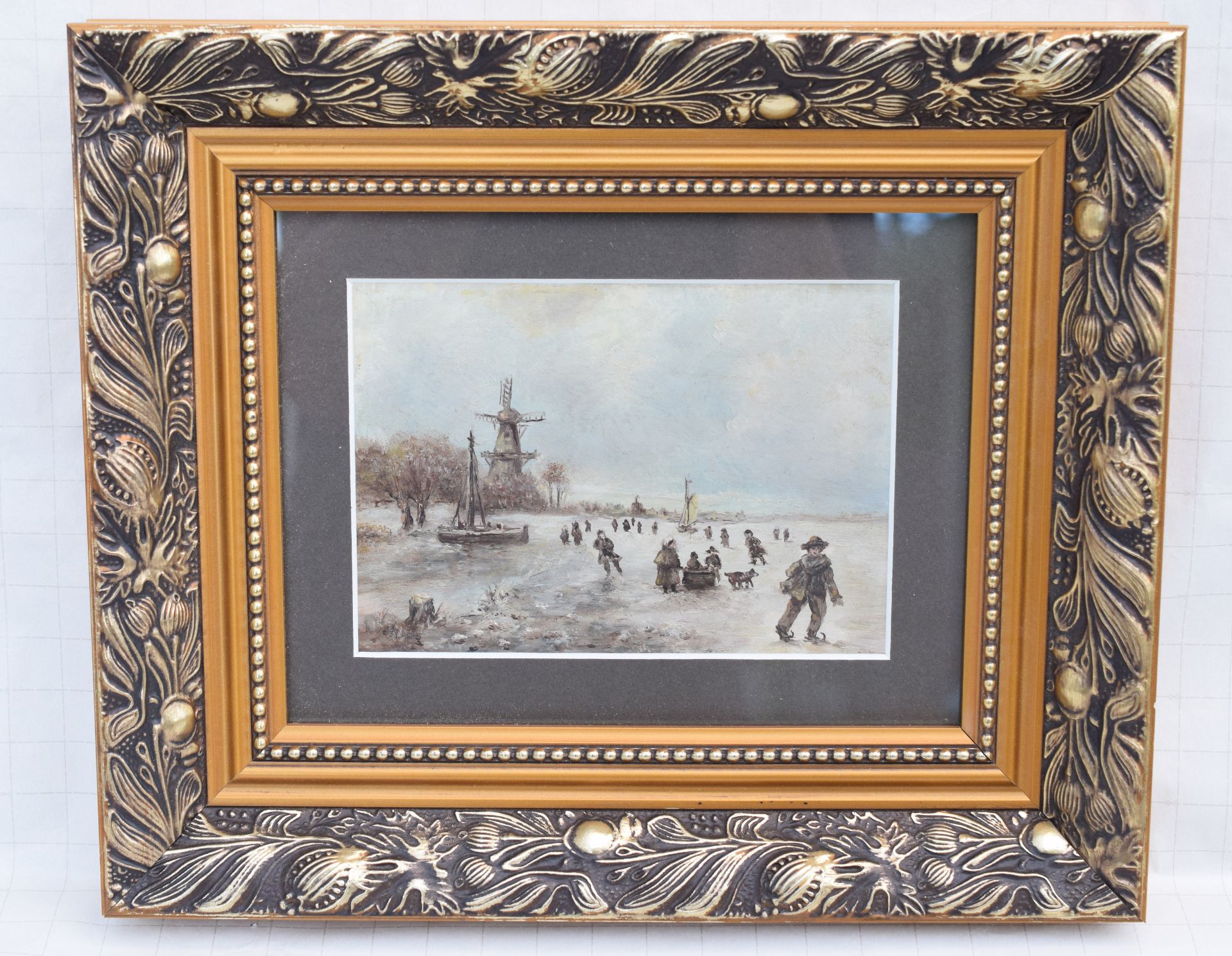 Vintage Dutch Oil Painting Of Skaters On Frozen Lake - Image 3 of 6