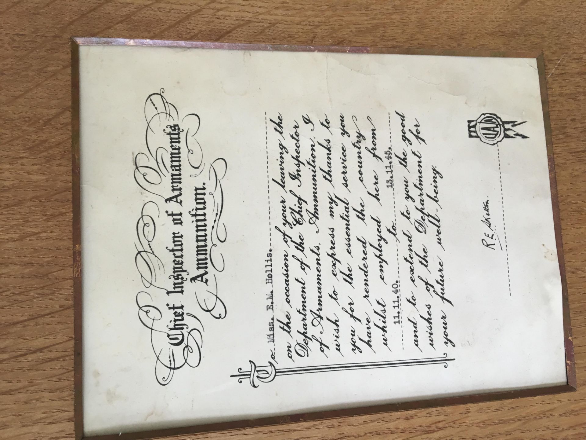 A FRAMED WW2 CERTIFICATE DATED 1945 FROM THE CHIEF INSPECTOR OF ARMAMENTS AMMUNITION - WOMEN IN - Image 2 of 2