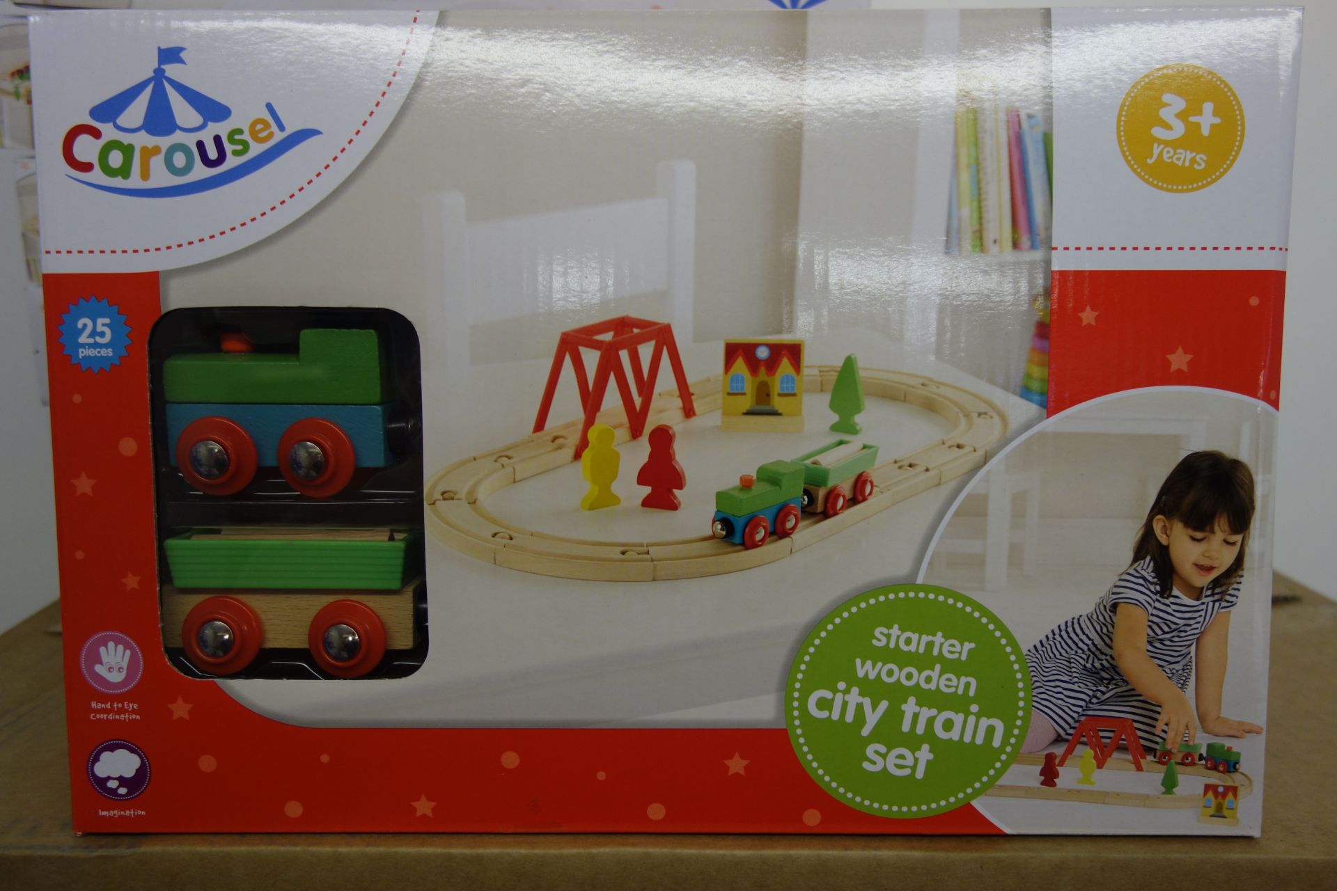 25 x Brand New - Carousel 25 Piece Wooden City Train Set with Train and Carriage.