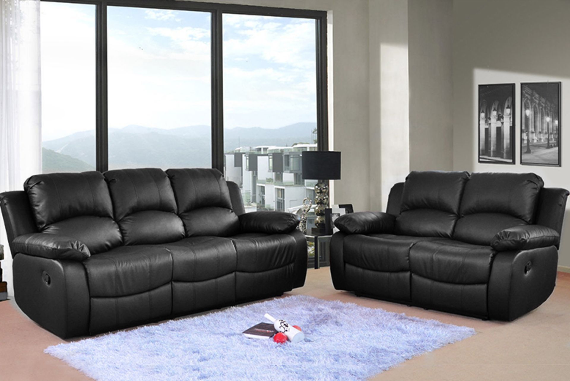 3 SEATER AND 2 SEATER BLACK LEATHER SUPREME VALANCE RECLINING SUITE
