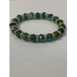 Vintage 6"L Faceted Teal Crystal Glass Beads Rhinestone Stretchy Bangle Bracelet