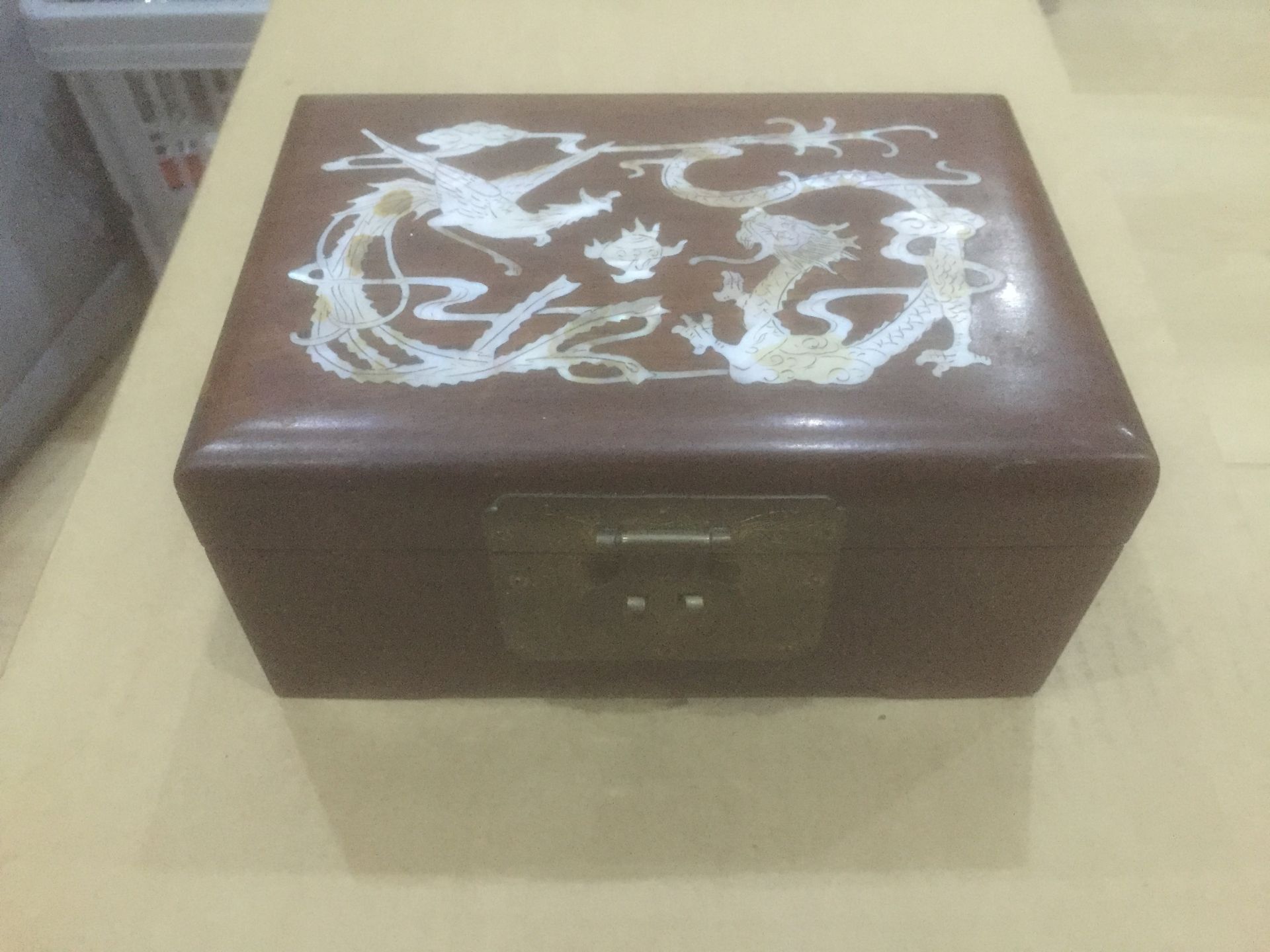 SMALL WOODEN JEWELLRY BOX WITH MOTHER OF PEARL INLAY