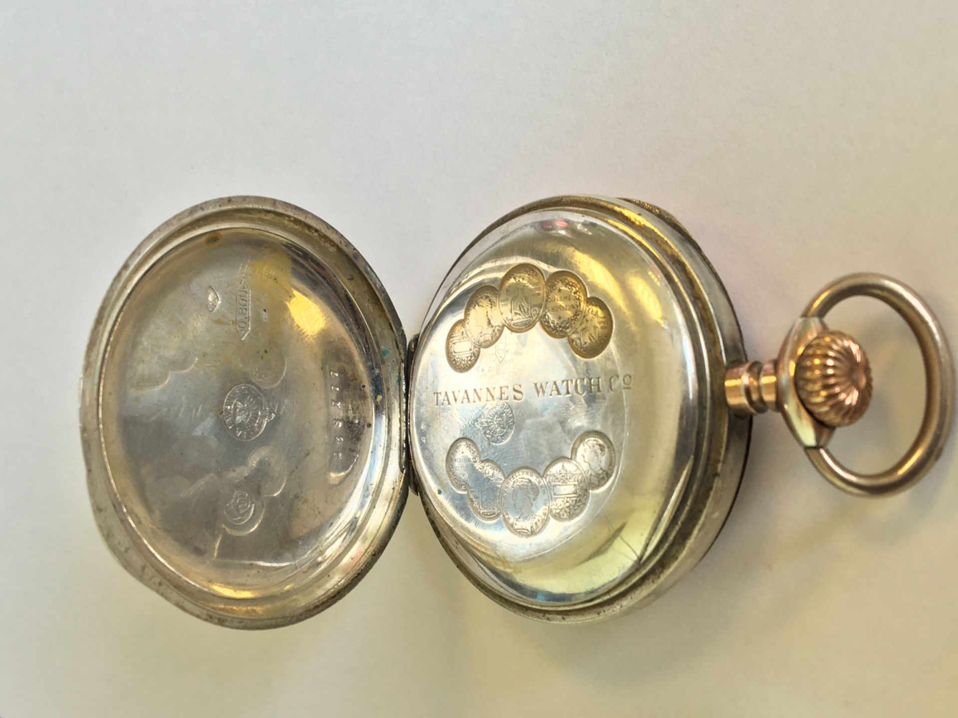 AN ANTIQUE TAVANNES POCKET WATCH. SILVER CASE (800% GROUSE MARK) WITH ROSE GOLD PLATING. THE ART - Image 3 of 4