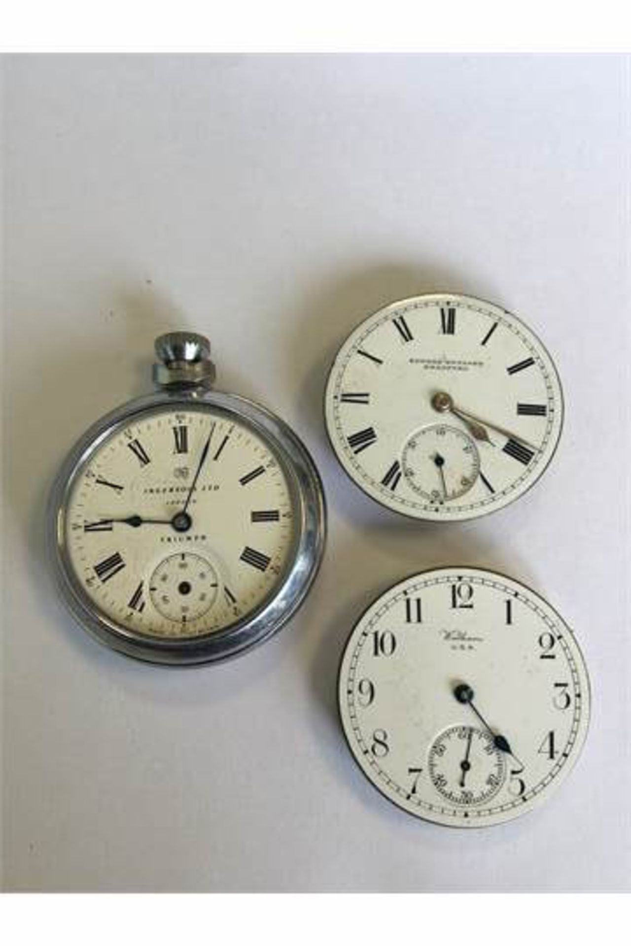 A GROUP OF POCKET WATCHES FOR REPAIR - A WALTHAM MOVEMENT, AN EDWARD SWEENEY BRADFORD MOVEMENT &