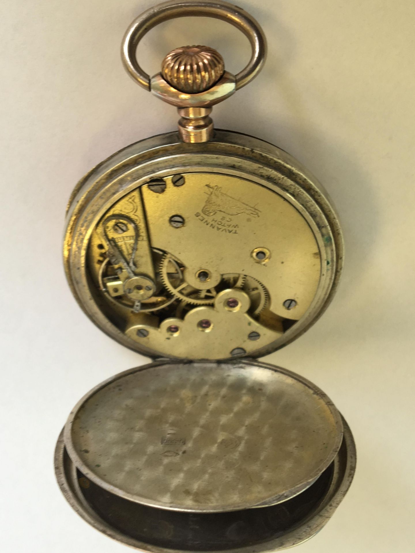 AN ANTIQUE TAVANNES POCKET WATCH. SILVER CASE (800% GROUSE MARK) WITH ROSE GOLD PLATING. THE ART - Image 4 of 4