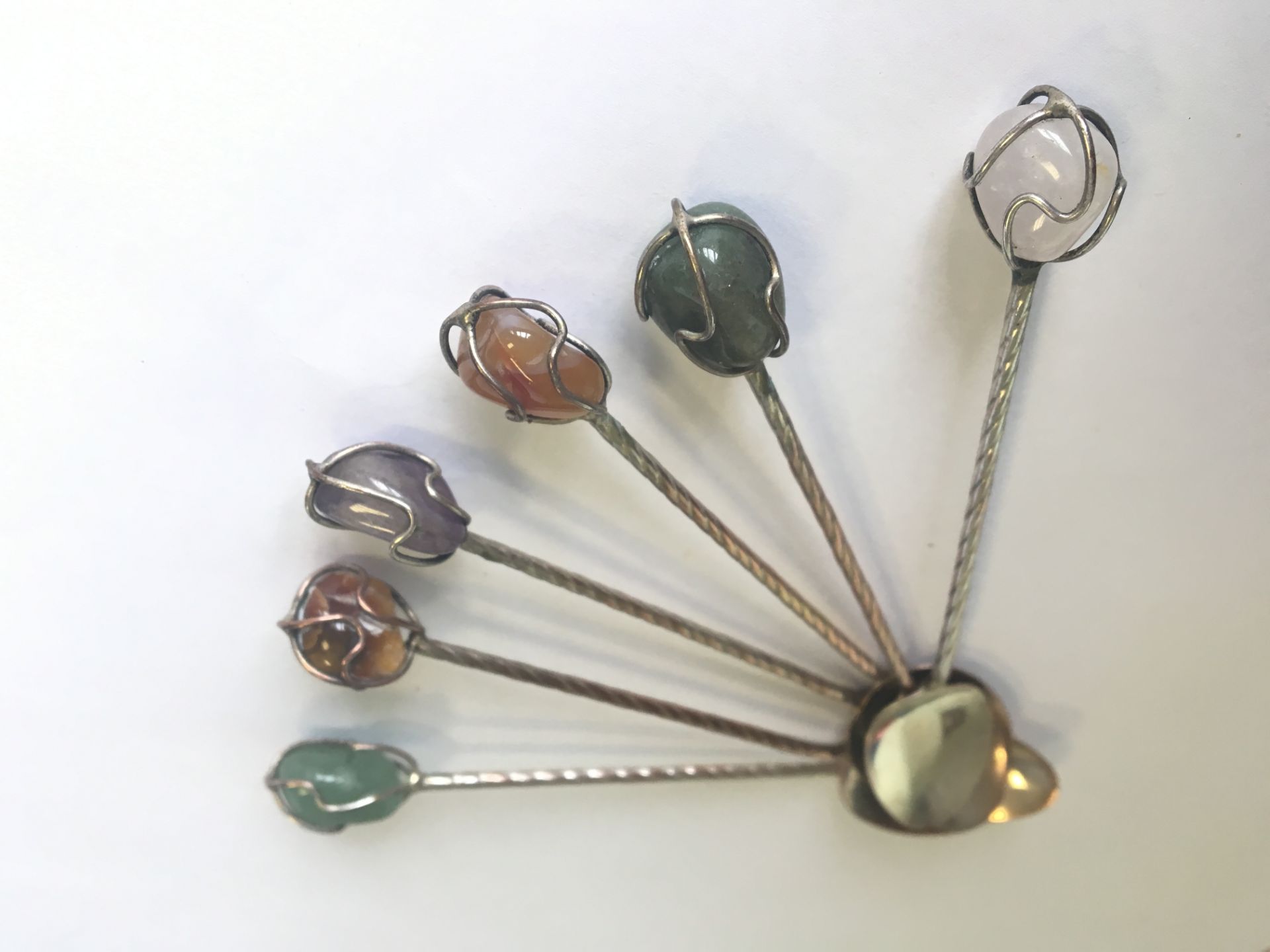 AN INTERESTING SET OF SIX DEMITASSE SPOONS WITH SEMI-PRECIOUS STONE FINIALS. FREE UK DELIVERY.