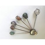 AN INTERESTING SET OF SIX DEMITASSE SPOONS WITH SEMI-PRECIOUS STONE FINIALS. FREE UK DELIVERY.