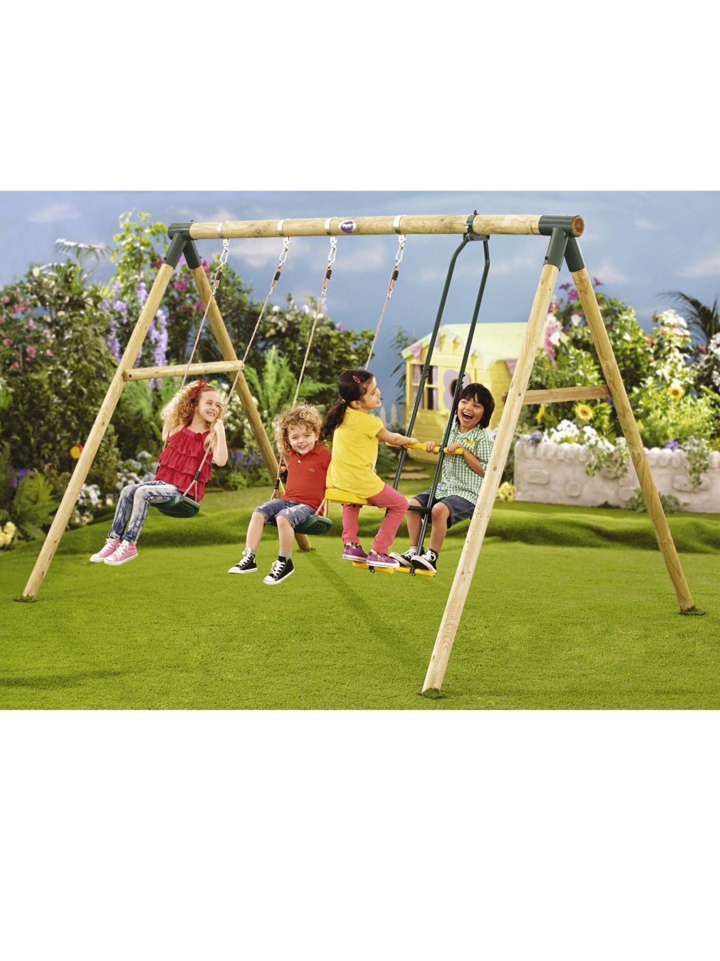 1 x Plum Double Swing with Glider Wooden Garden Swing Set. RRP £249.99. A fabulous swing set for - Image 2 of 2