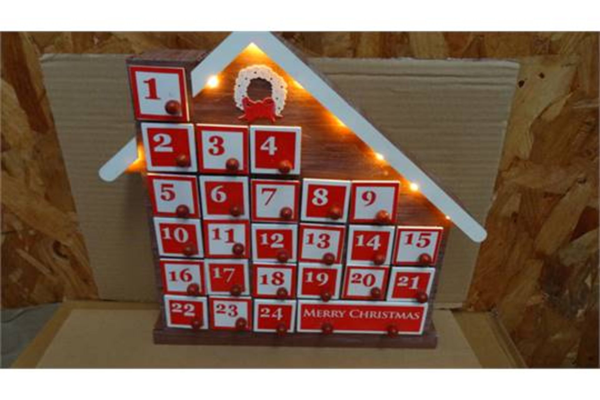 12 x Brand New - Christmas Workshop Wooden Advent Calendar House with 8 LED Lights. RRP £40 Each!