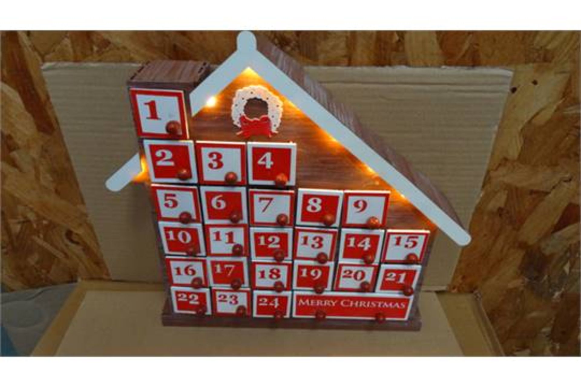 12 x Brand New - Christmas Workshop Wooden Advent Calendar House with 8 LED Lights. RRP £40 Each! - Image 2 of 2