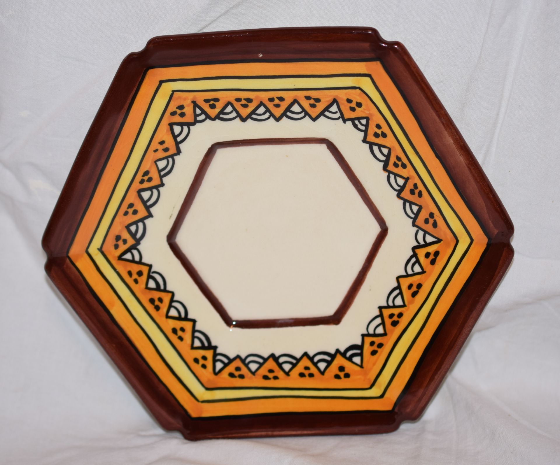 Vintage Henriot Quimper Six Sided Bowl In Browns and Orange Aztec Pattern