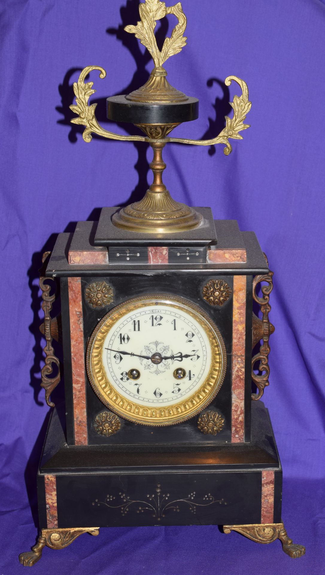 Antique Black Slate Mantel Clock With Candlestick Garnitures - Image 2 of 14