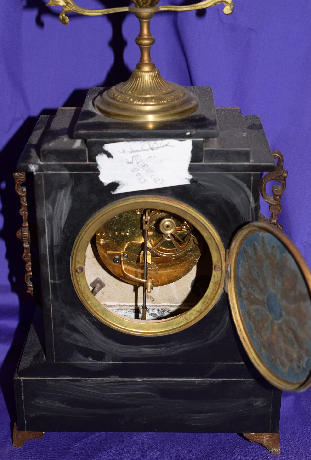 Antique Black Slate Mantel Clock With Candlestick Garnitures - Image 8 of 14