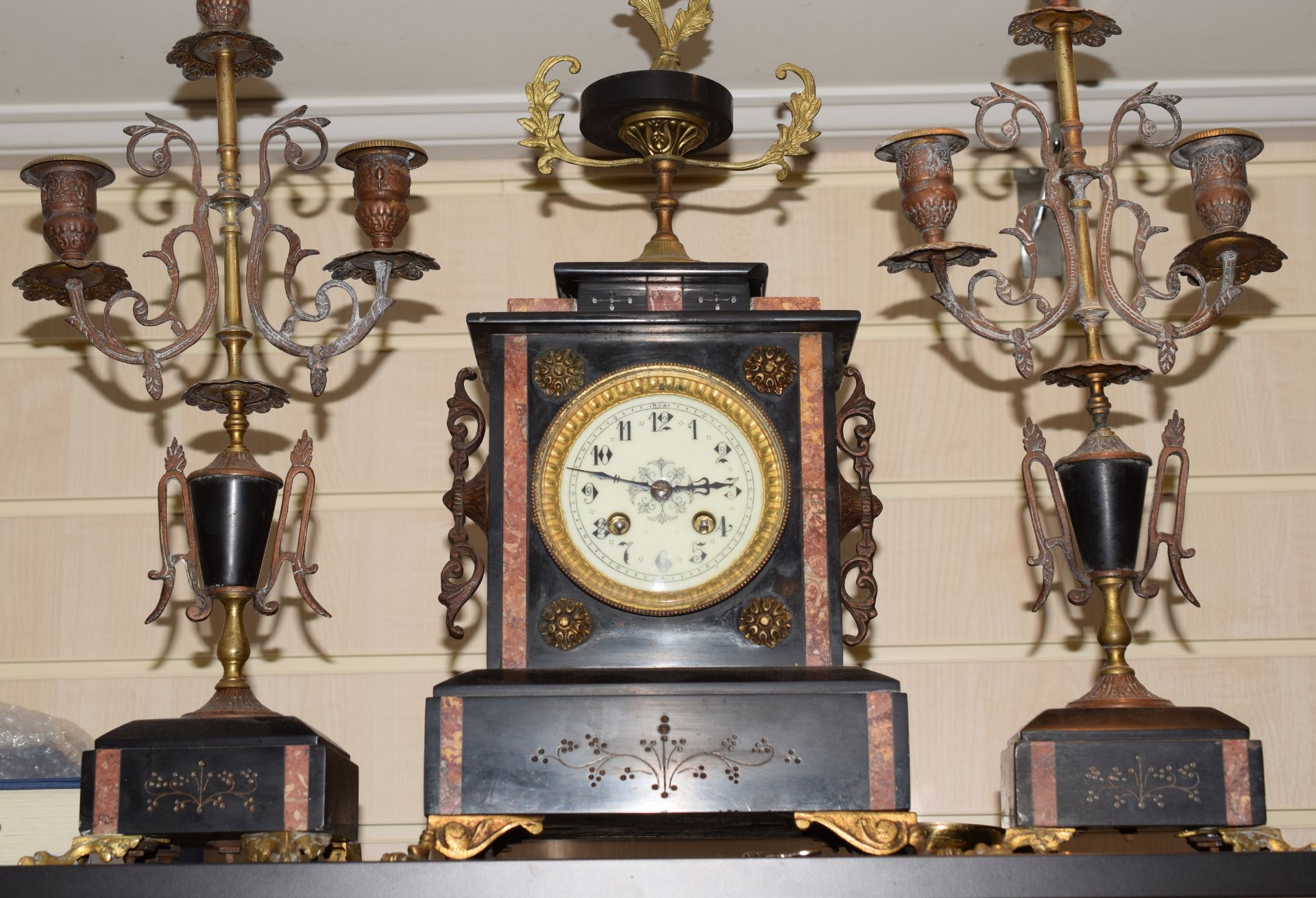 Antique Black Slate Mantel Clock With Candlestick Garnitures