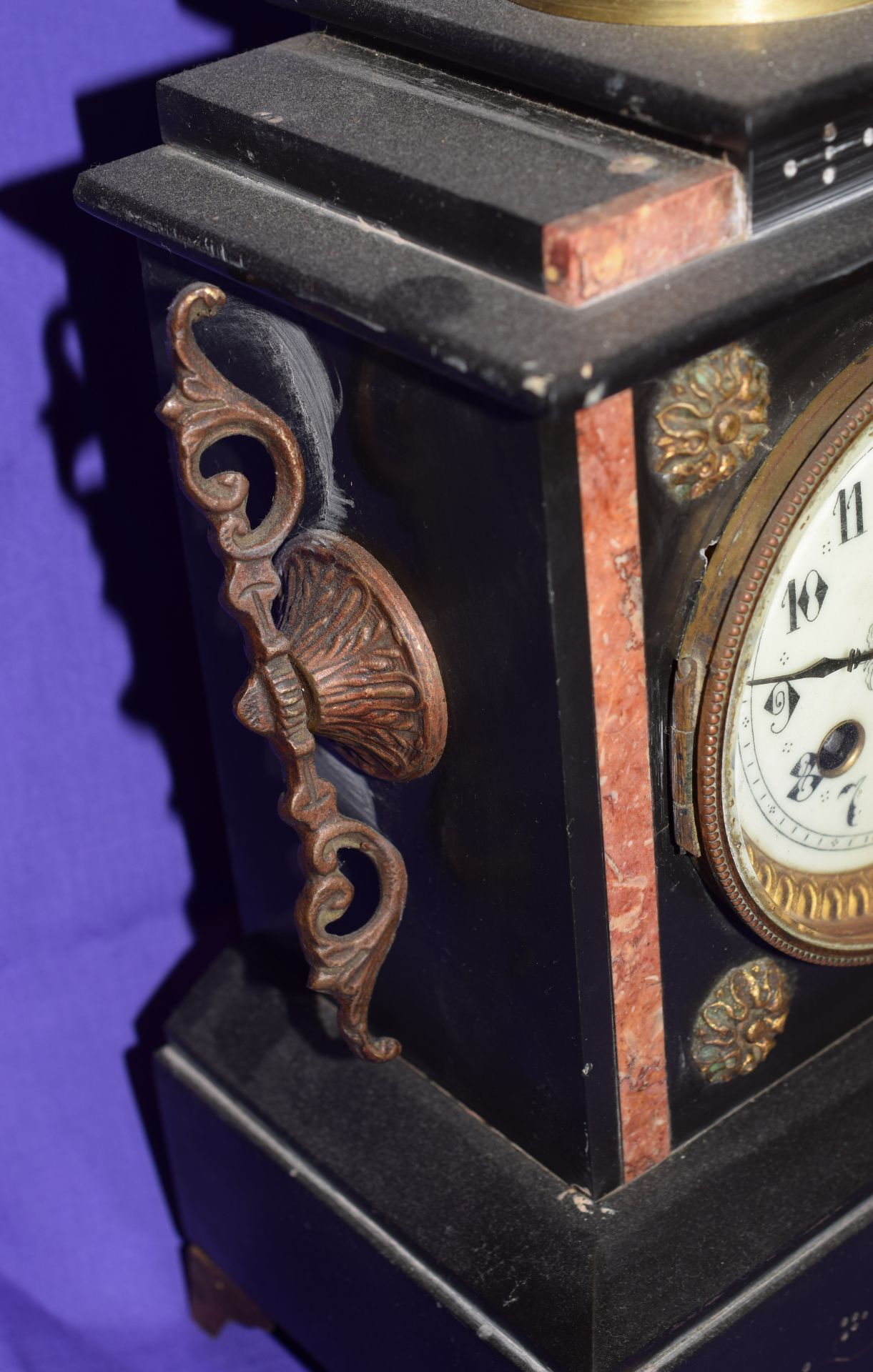 Antique Black Slate Mantel Clock With Candlestick Garnitures - Image 6 of 14