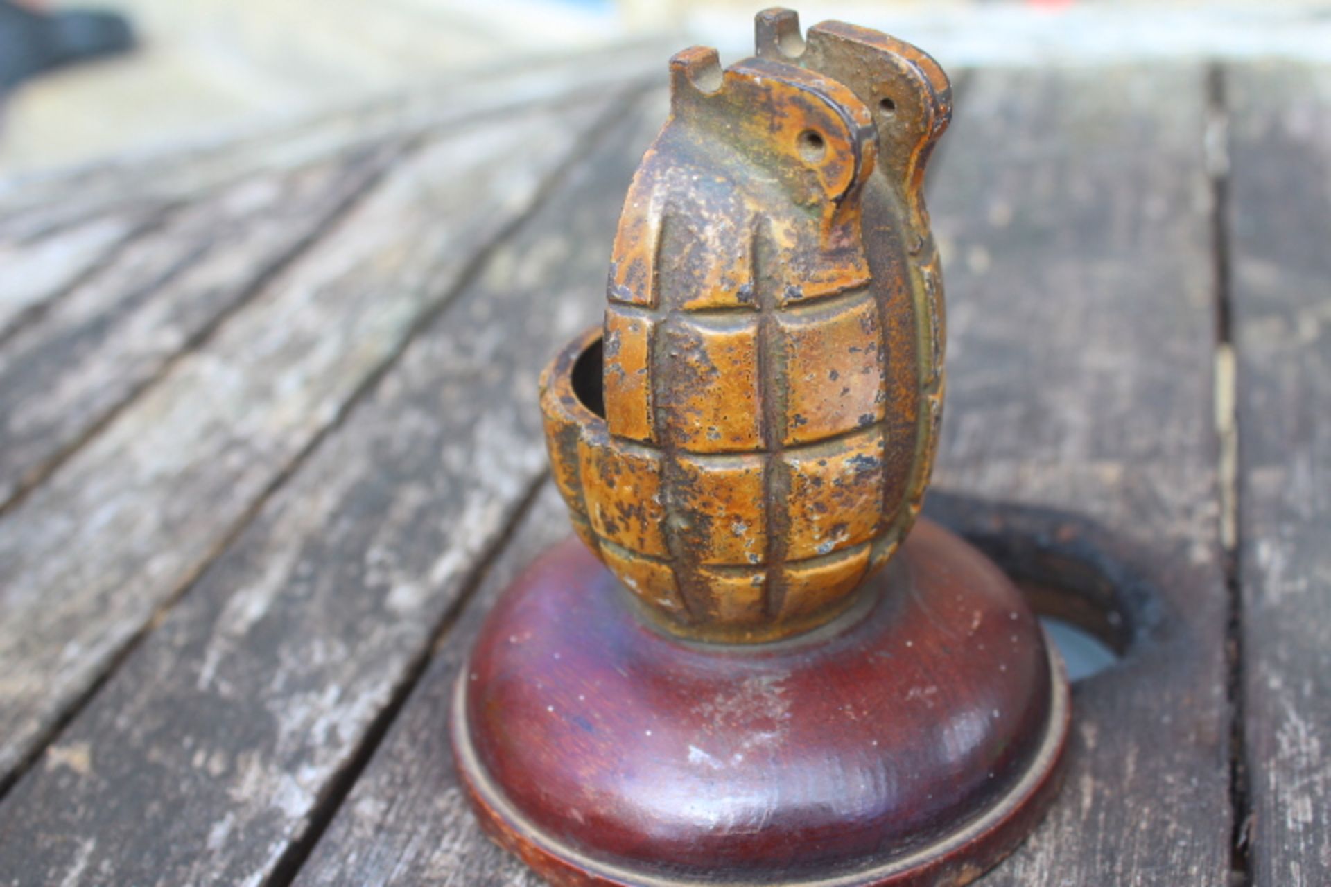 British military trench art. This is a mills grenade mounted on a wooden base.. Can be used as a - Image 2 of 3