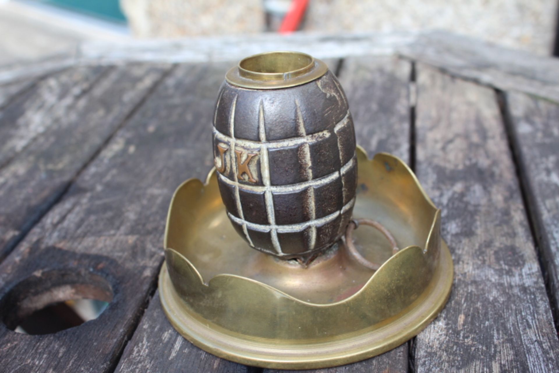 British military trench art. WW1/WW2 Mills Grenade mounted on a 45 Howser mark 2. The grenade has - Image 4 of 7