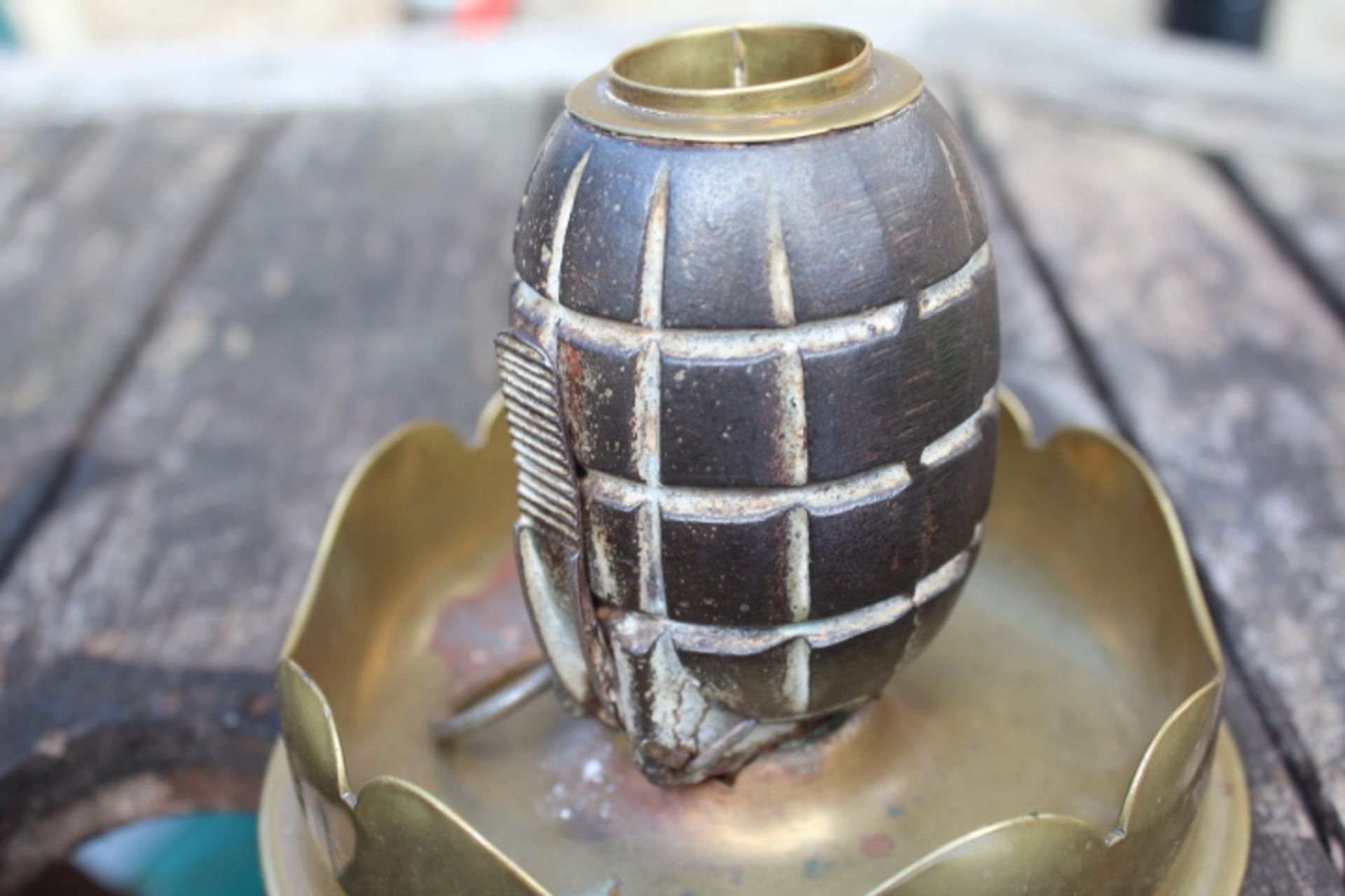 British military trench art. WW1/WW2 Mills Grenade mounted on a 45 Howser mark 2. The grenade has - Image 7 of 7