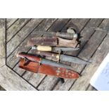 Early Scout and other knives. 4 in total. 2 have scabbards. 2 antler handles, 1 wood and one bound