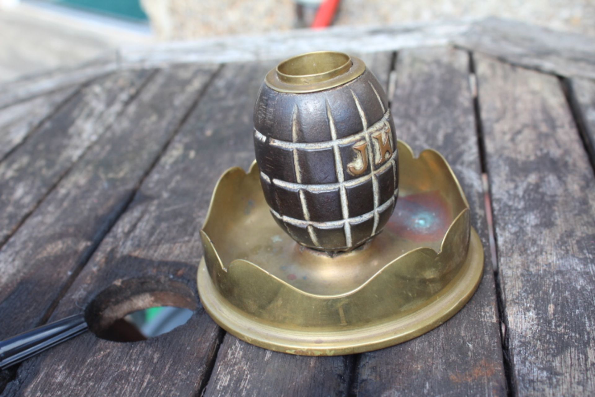 British military trench art. WW1/WW2 Mills Grenade mounted on a 45 Howser mark 2. The grenade has - Image 3 of 7