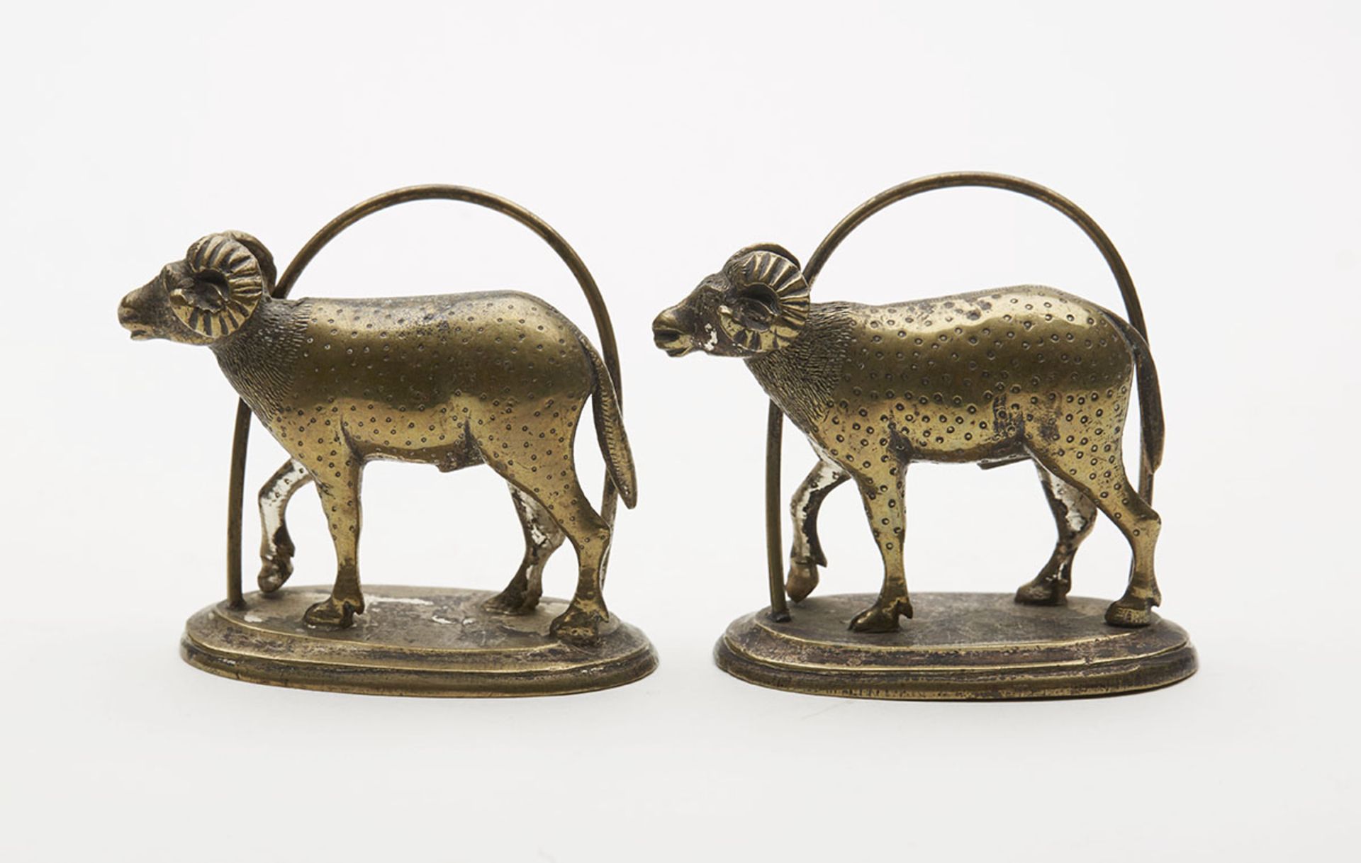 PAIR ANTIQUE BRASS RAM TABLE MENU HOLDERS 19TH C.