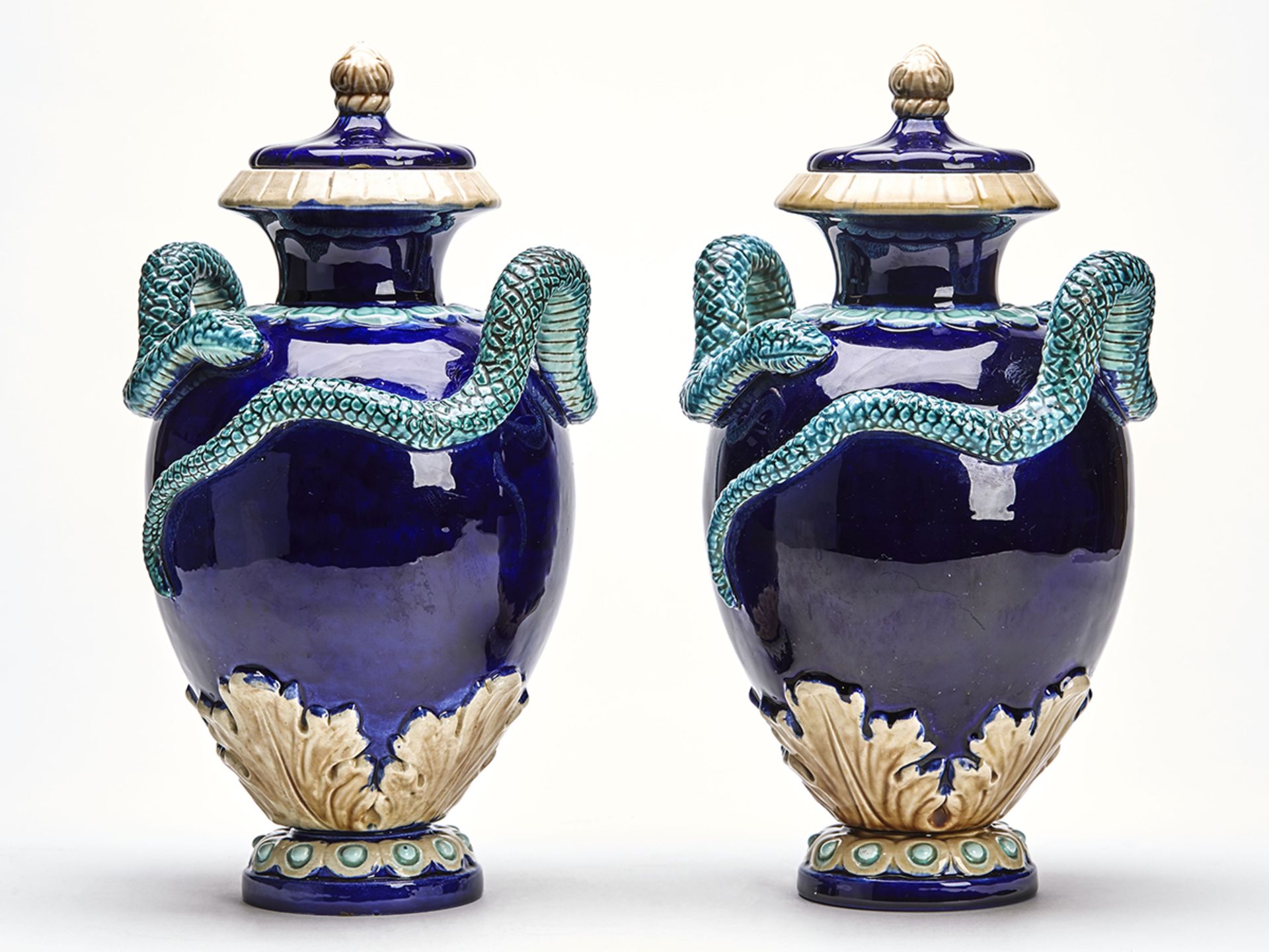 PAIR WILHELM SCHILLER TWIN HANDLED MAJOLICA VASES 19TH C. - Image 5 of 11