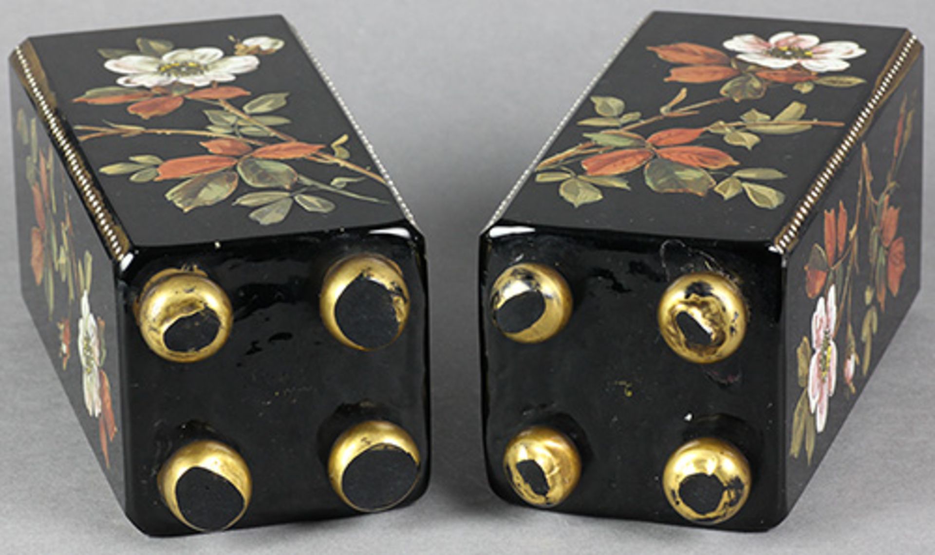 Antique Pair Enamelled Roses & Birds Black Glass Vases 19th C. - Image 4 of 12