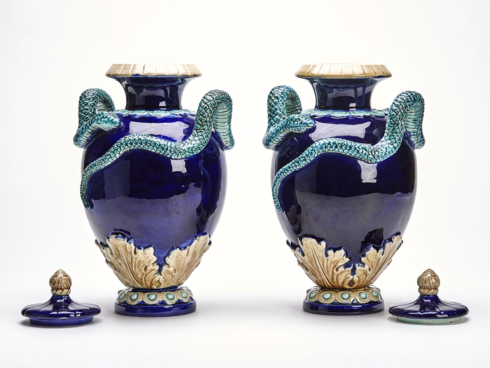 PAIR WILHELM SCHILLER TWIN HANDLED MAJOLICA VASES 19TH C. - Image 2 of 11