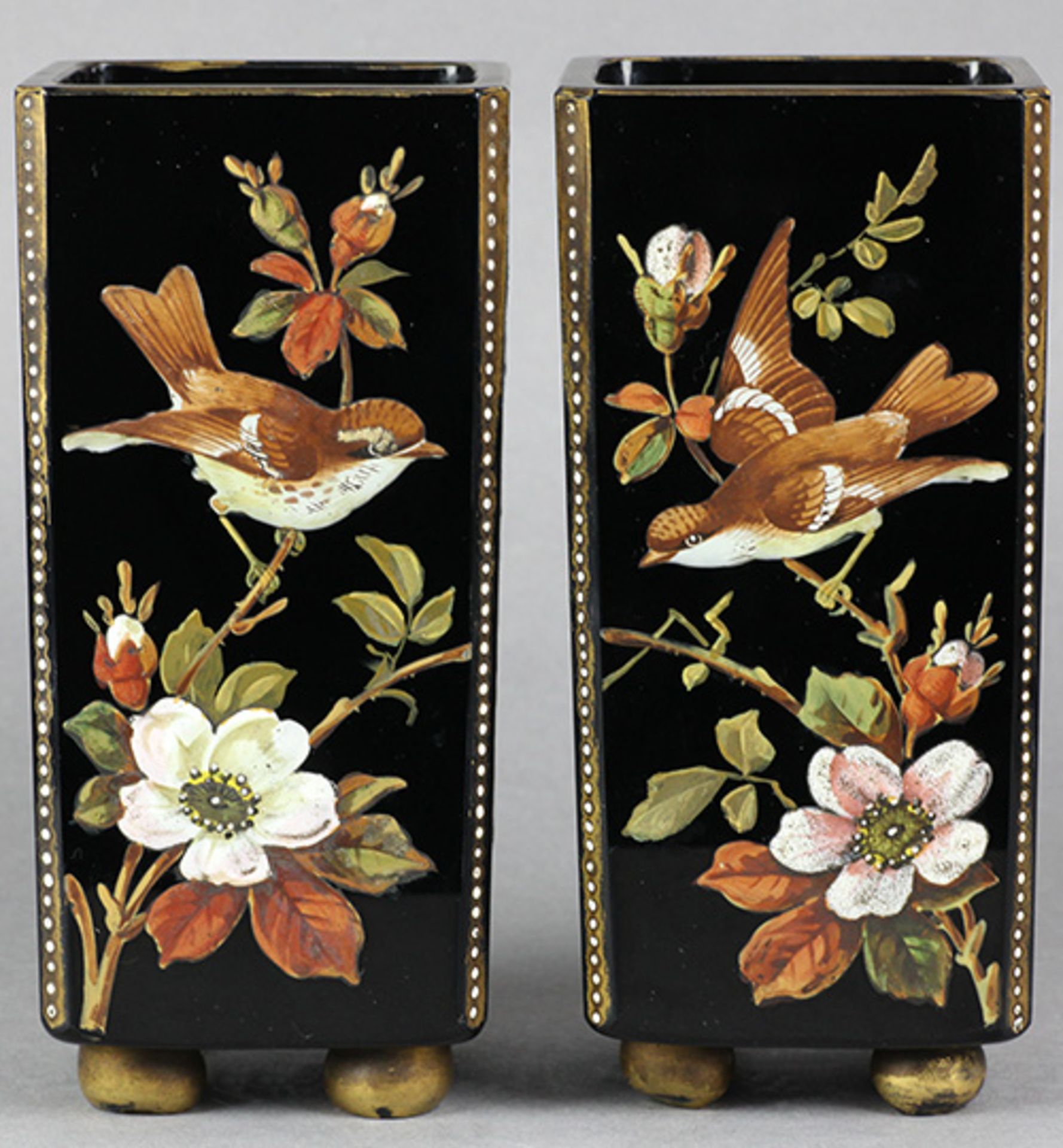 Antique Pair Enamelled Roses & Birds Black Glass Vases 19th C. - Image 12 of 12