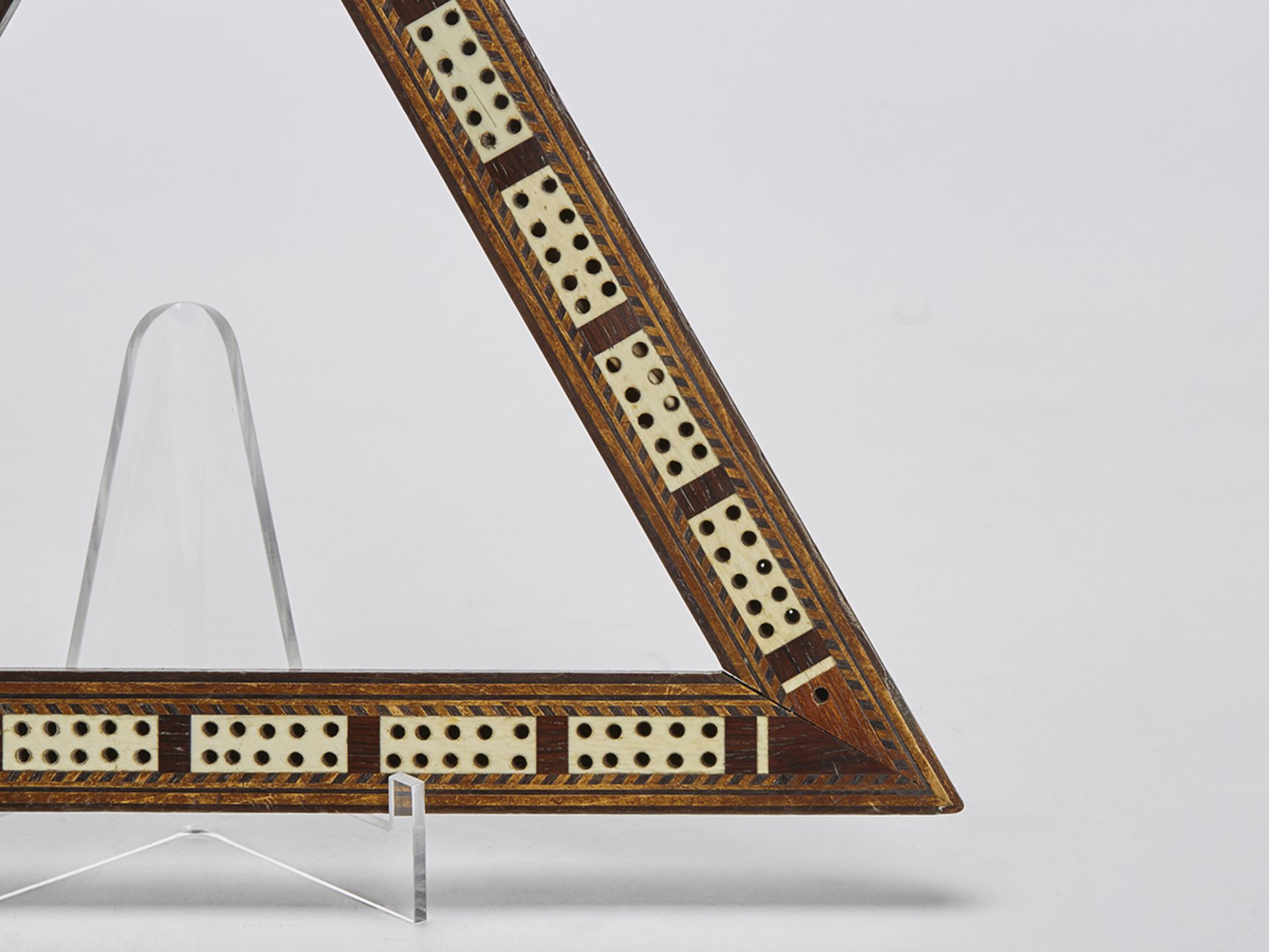 ANTIQUE INLAID TRIANGULAR WOODEN CRIBBAGE BOARD 19TH C. - Image 4 of 5