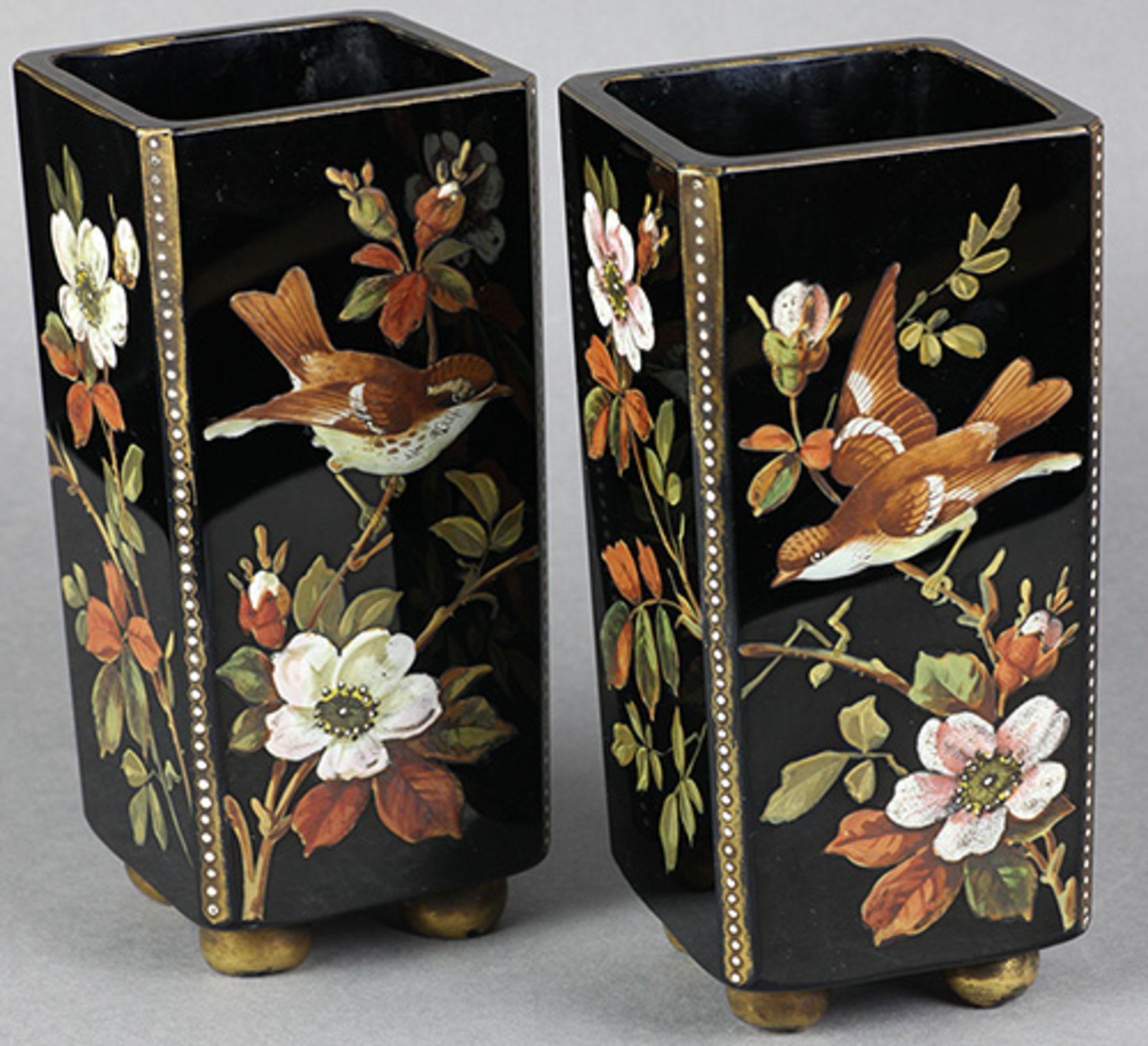 Antique Pair Enamelled Roses & Birds Black Glass Vases 19th C. - Image 11 of 12
