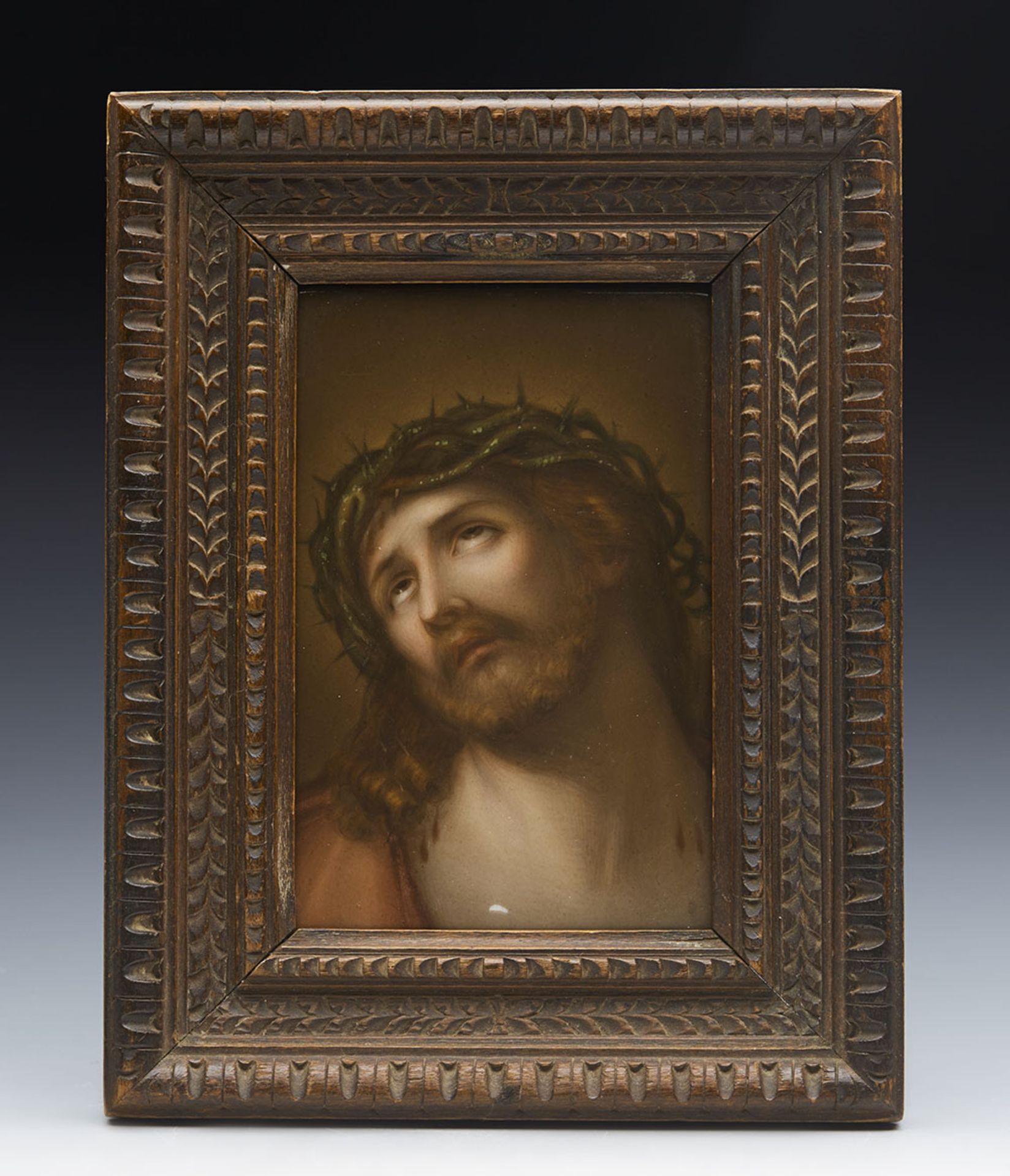 ANTIQUE FRAMED FIRENZE PLAQUE CHRIST IN CROWN OF THORNS 19TH C.