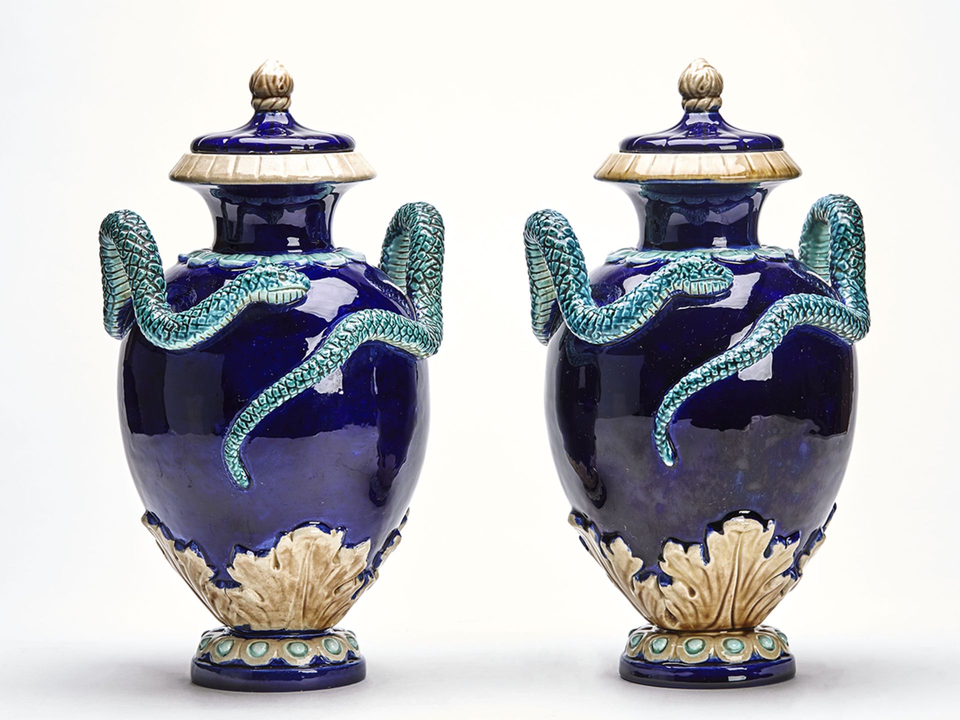 PAIR WILHELM SCHILLER TWIN HANDLED MAJOLICA VASES 19TH C.