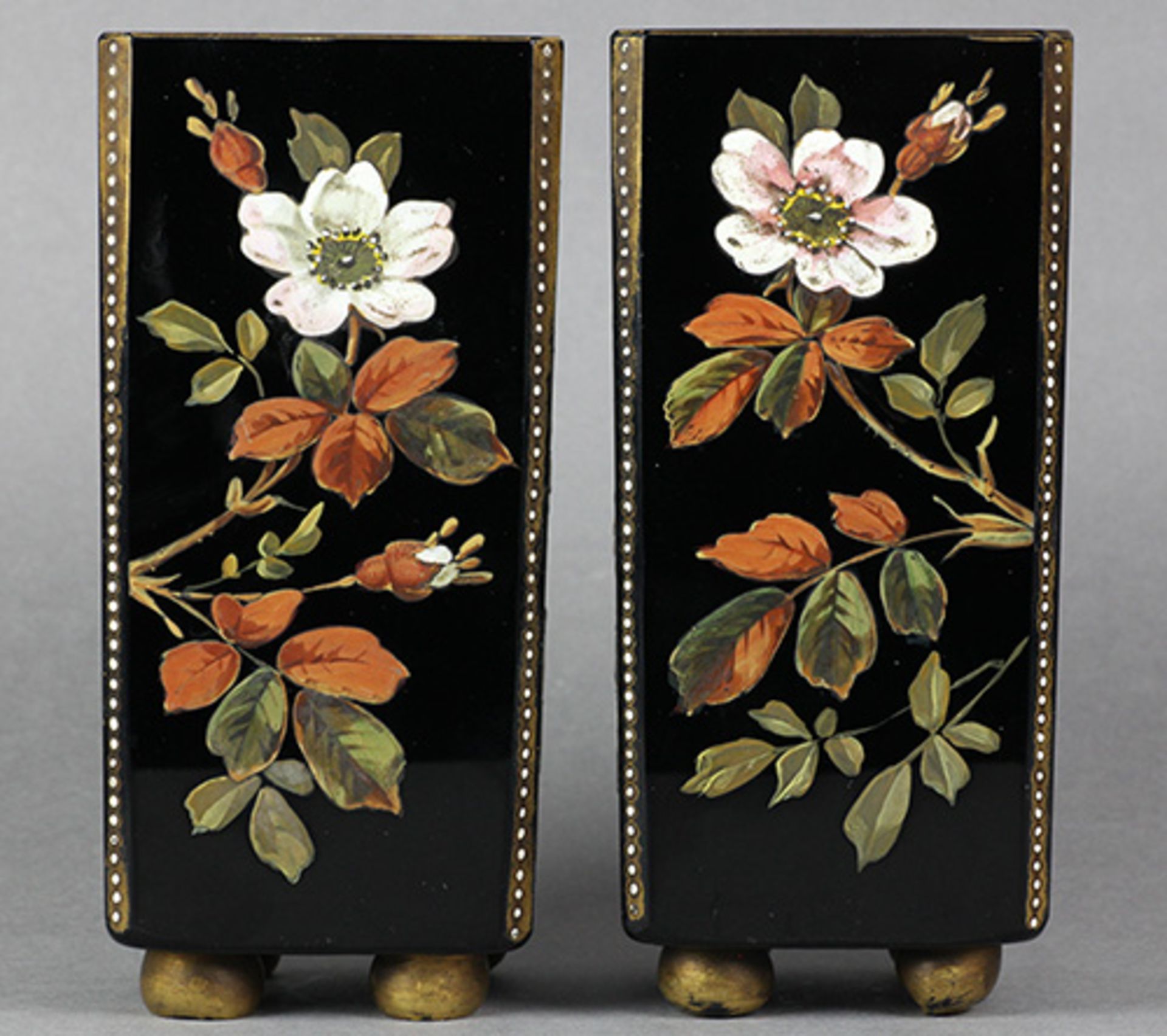 Antique Pair Enamelled Roses & Birds Black Glass Vases 19th C. - Image 2 of 12