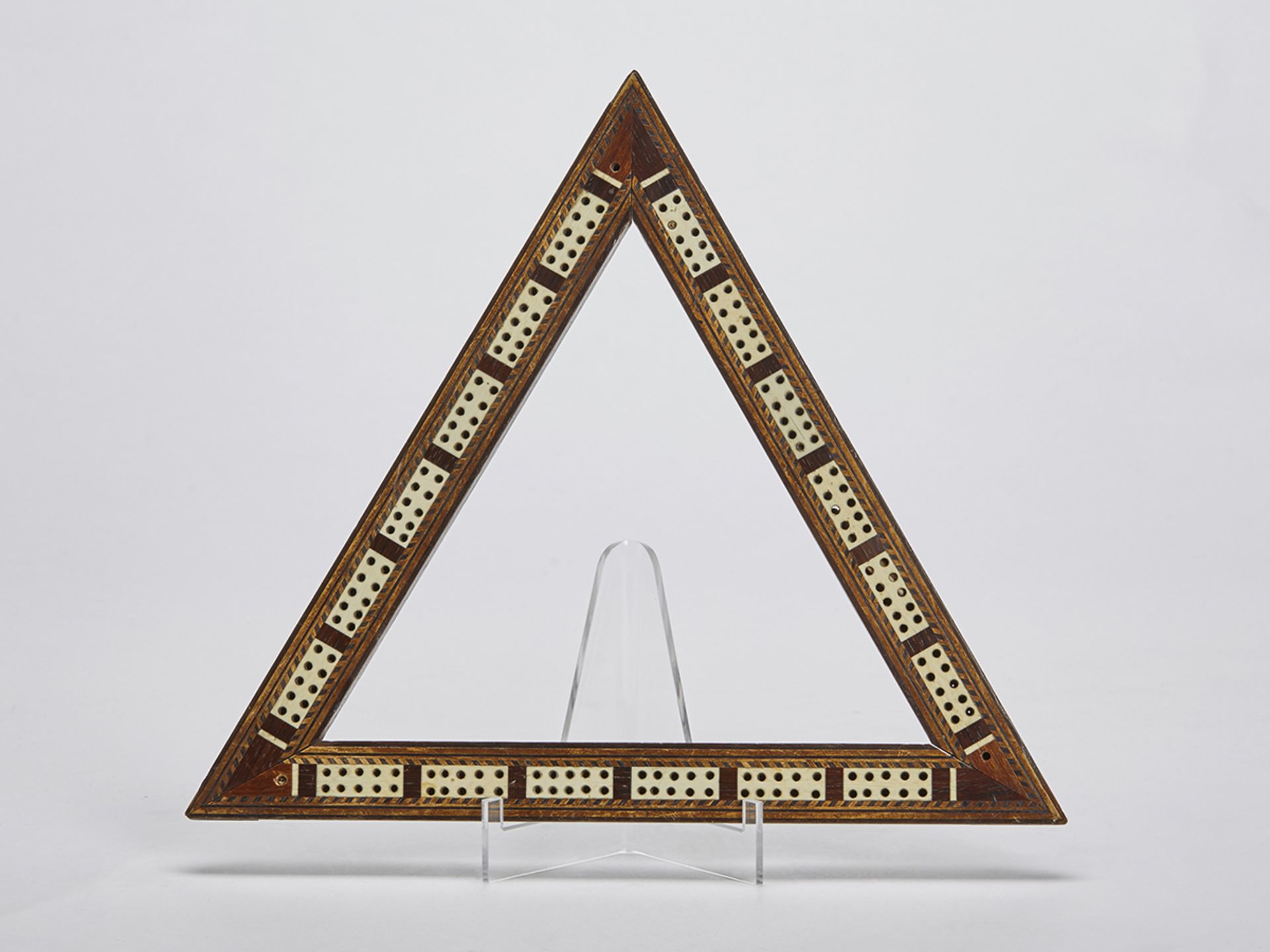 ANTIQUE INLAID TRIANGULAR WOODEN CRIBBAGE BOARD 19TH C.