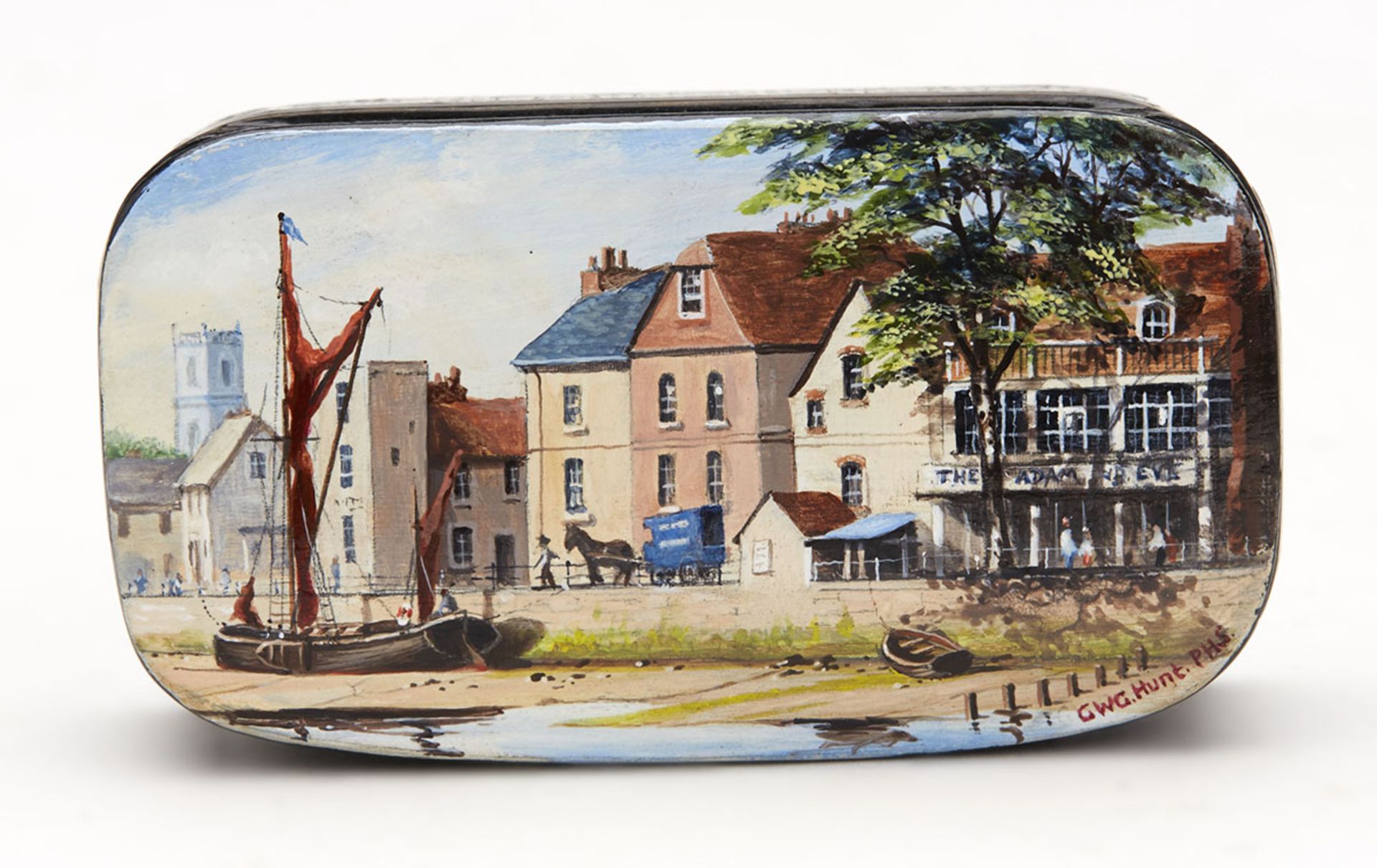 LATER PAINTED ANTIQUE SNUFF BOX GWG HUNT P.H.S.