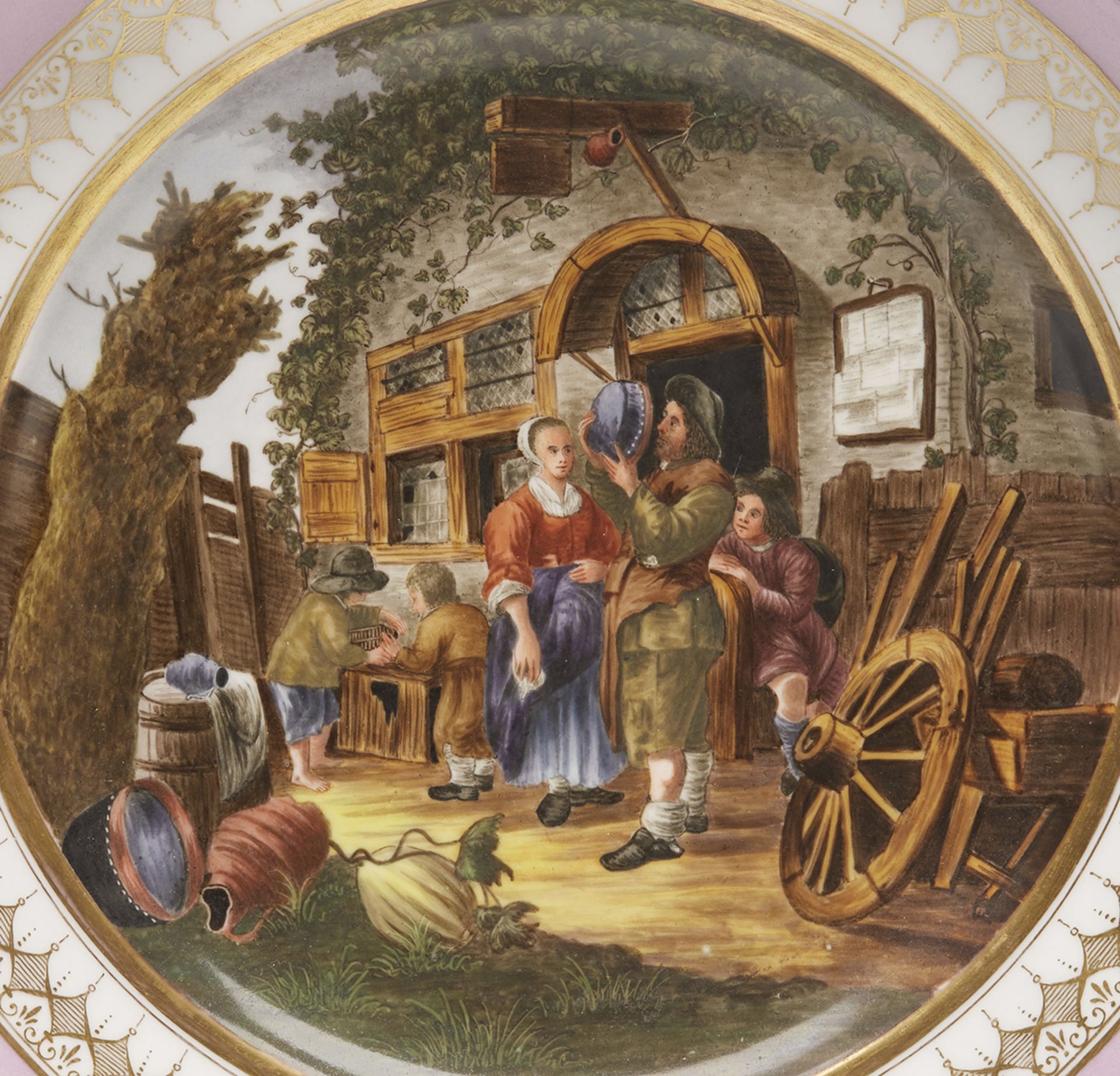 ANTIQUE VIENNA TAVERN SCENE PAINTED CABINET PLATE 19TH C. - Image 2 of 7