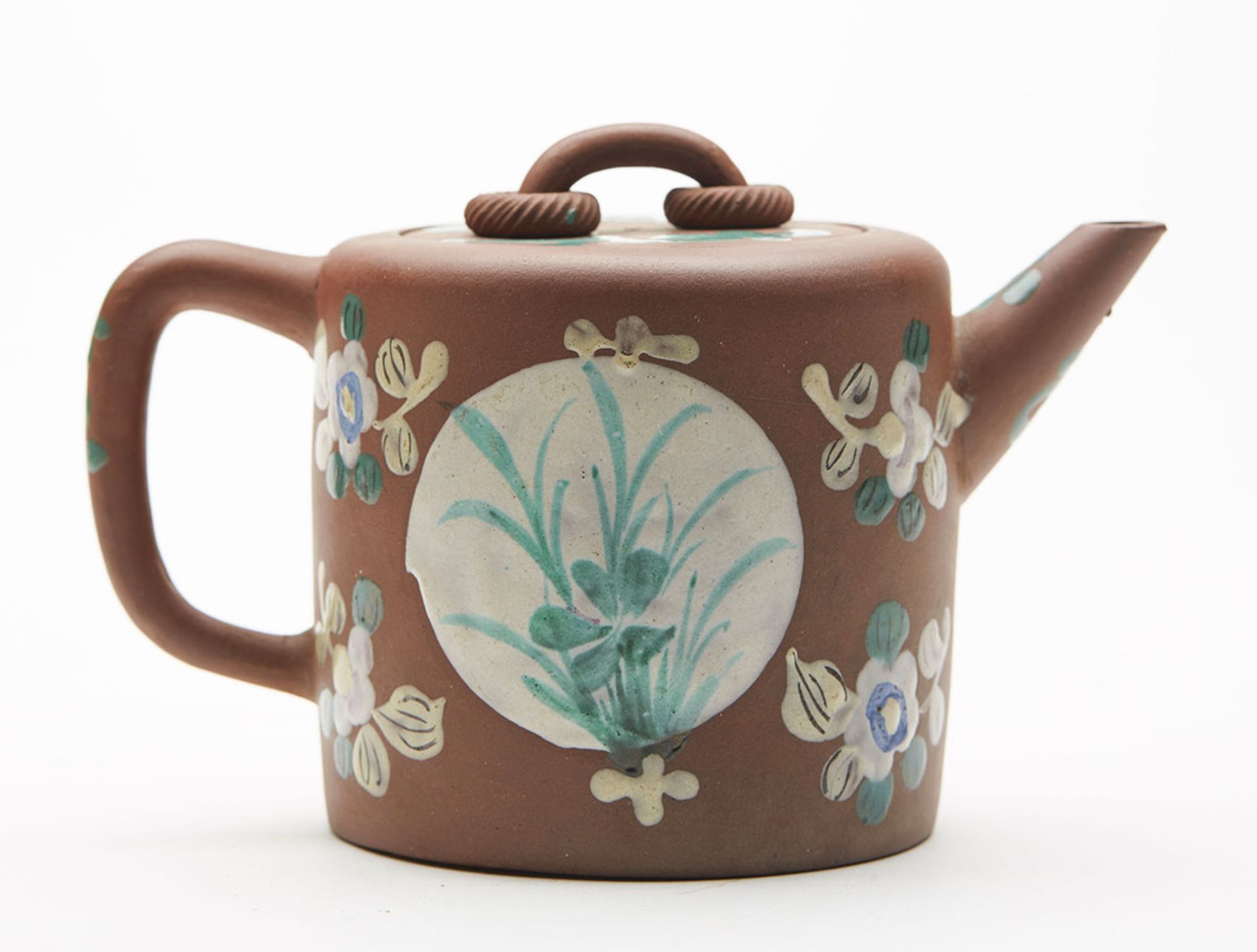 ANTIQUE CHINESE YIXING ENAMELED TEAPOT SIGNED 18/19TH C. - Image 3 of 8