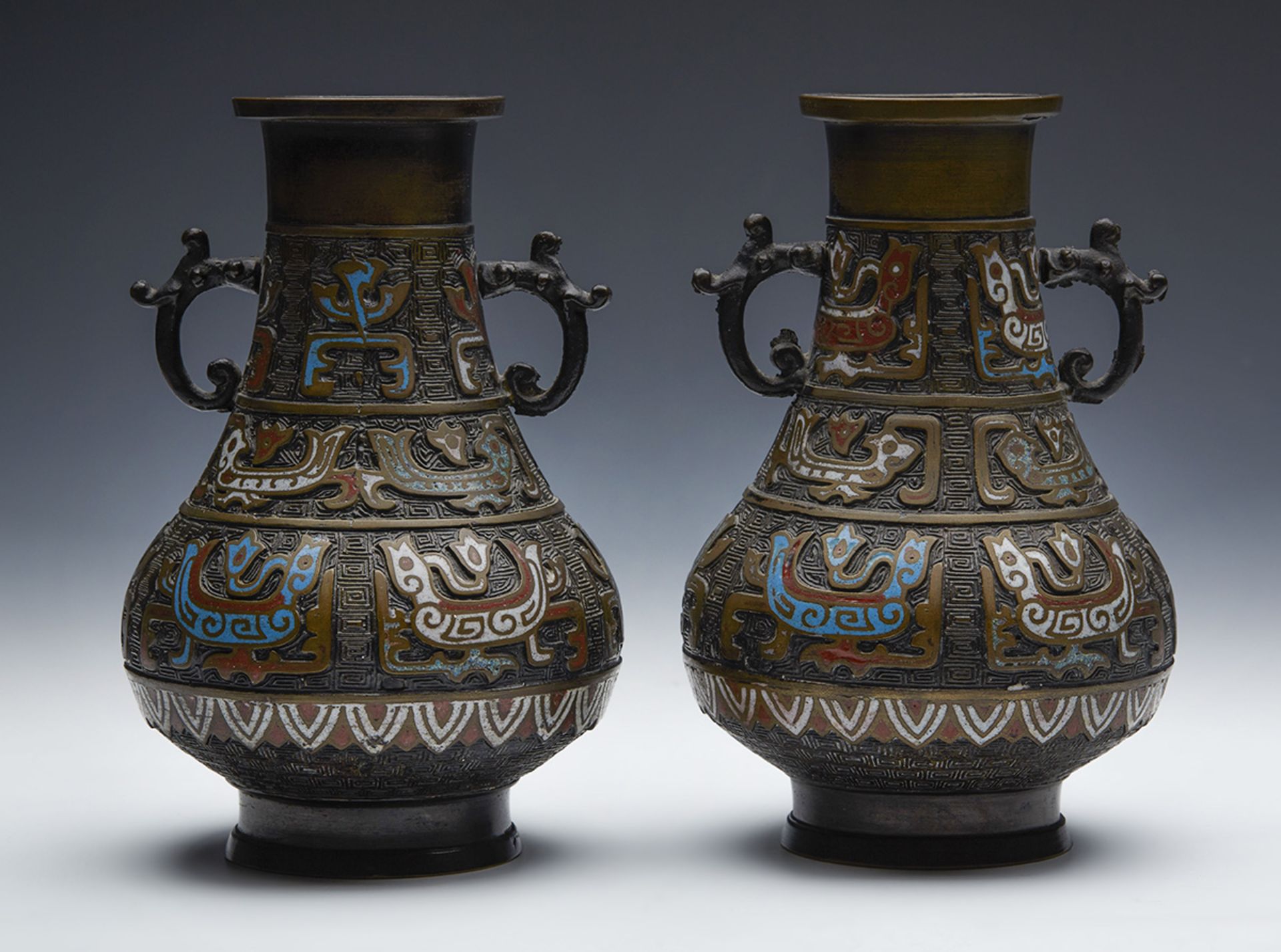 PAIR ANTIQUE CHINESE CHAMPLEVE ENAMEL BRONZE VASES 19TH C.