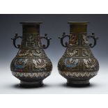 PAIR ANTIQUE CHINESE CHAMPLEVE ENAMEL BRONZE VASES 19TH C.