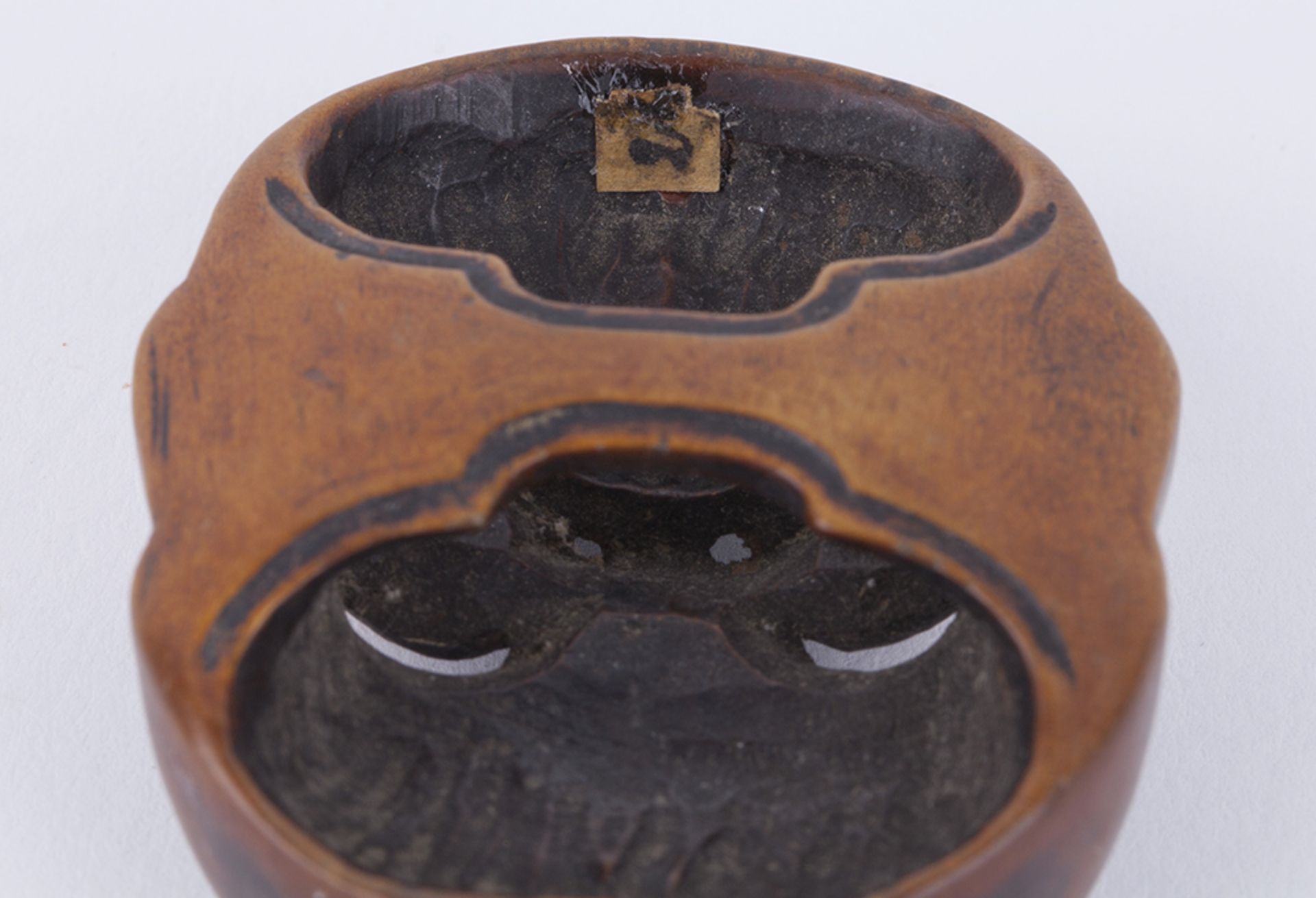 ANTIQUE JAPANESE MINIATURE CARVED WOODEN MASK NETSUKE SIGNED 19TH C. - Image 6 of 7