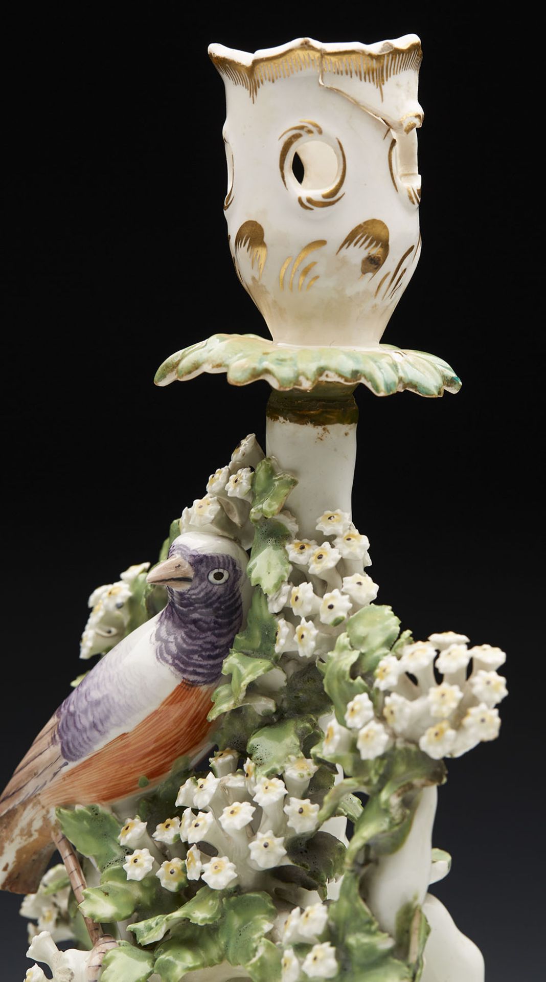 ANTIQUE DERBY PORCELAIN FLORAL CHAMBERSTICK WITH BIRDS c.1765 - Image 5 of 10