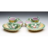 PAIR ANTIQUE GEORGE JONES MAJOLICA STRAWBERRY SERVING DISHES 1868