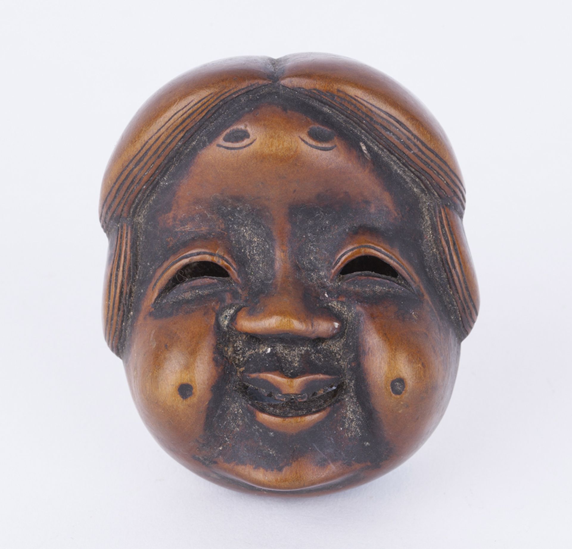 ANTIQUE JAPANESE MINIATURE CARVED WOODEN MASK NETSUKE SIGNED 19TH C.