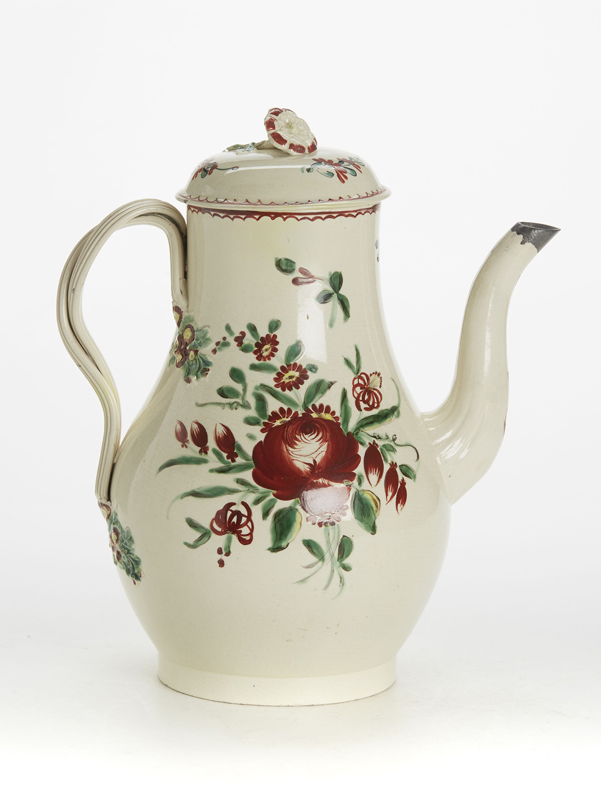 ANTIQUE CREAMWARE FLORAL PAINTED LIDDED TEAPOT, LEEDS C.1770