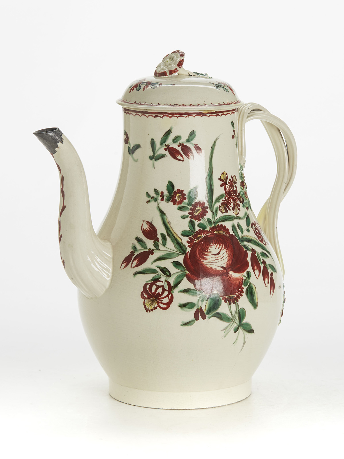 ANTIQUE CREAMWARE FLORAL PAINTED LIDDED TEAPOT, LEEDS C.1770 - Image 4 of 10