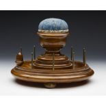 ANTIQUE CARVED WOOD SEWING STAND WITH PIN CUSHION 19TH C.