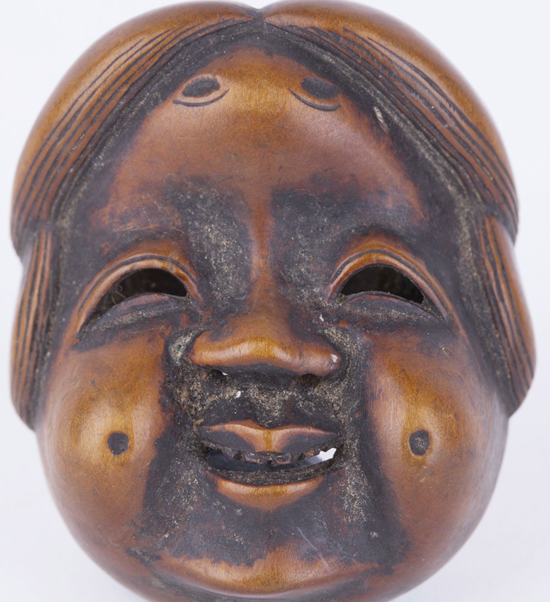 ANTIQUE JAPANESE MINIATURE CARVED WOODEN MASK NETSUKE SIGNED 19TH C. - Image 2 of 7