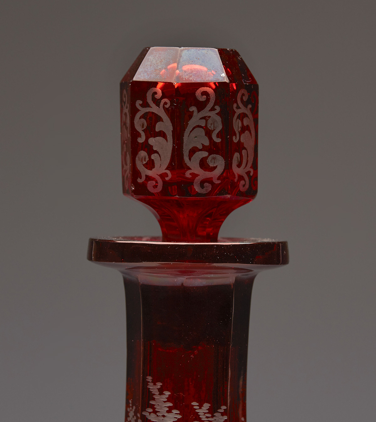 ANTIQUE BOHEMIAN RUBY ACID ETCHED SPIRIT DECANTER 19TH C. - Image 6 of 8